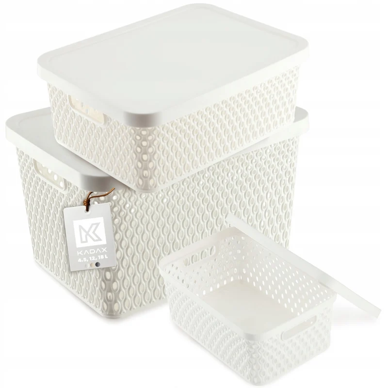 Set di 3 cestini in plastica KADAX con coperchio, colore bianco.