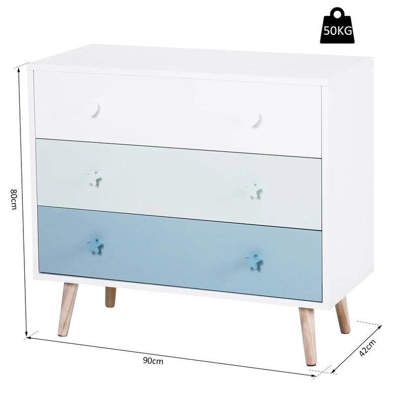 Cassettiera con 3 Cassetti in Legno di Pino 90x42x80 cm Bianco e Blu