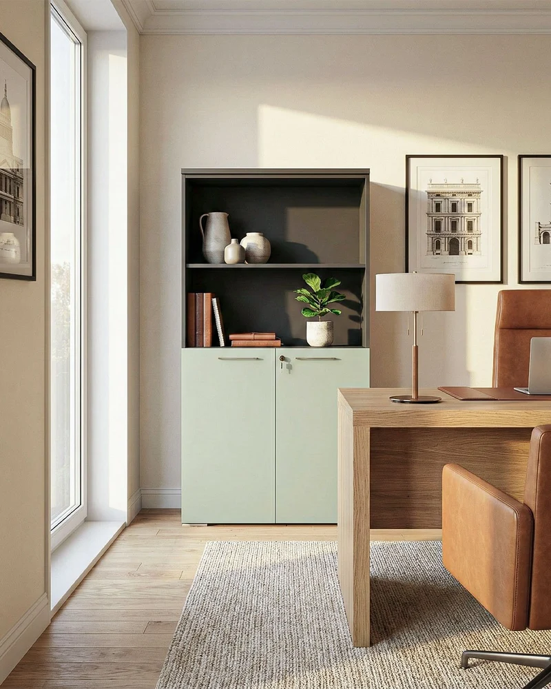 Armadio ufficio Kansas - Mobile archivio 2 ante con serratura - 3 mensole incluse - L. 90 x H. 160 x P. 42,5 cm – Antracite, ante personalizzabili