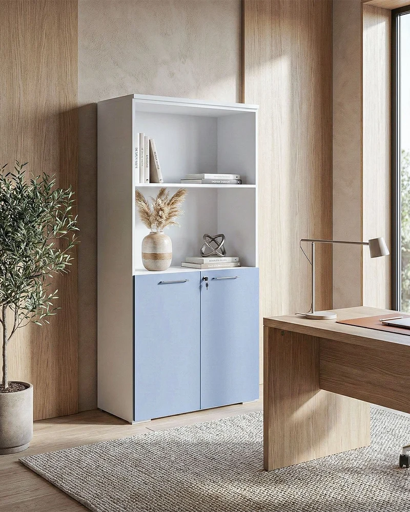 Armadio ufficio Kansas - Mobile archivio 2 ante con serratura - 3 mensole incluse - L. 90 x H. 160 x P. 42,5 cm – Bianco, ante personalizzabili