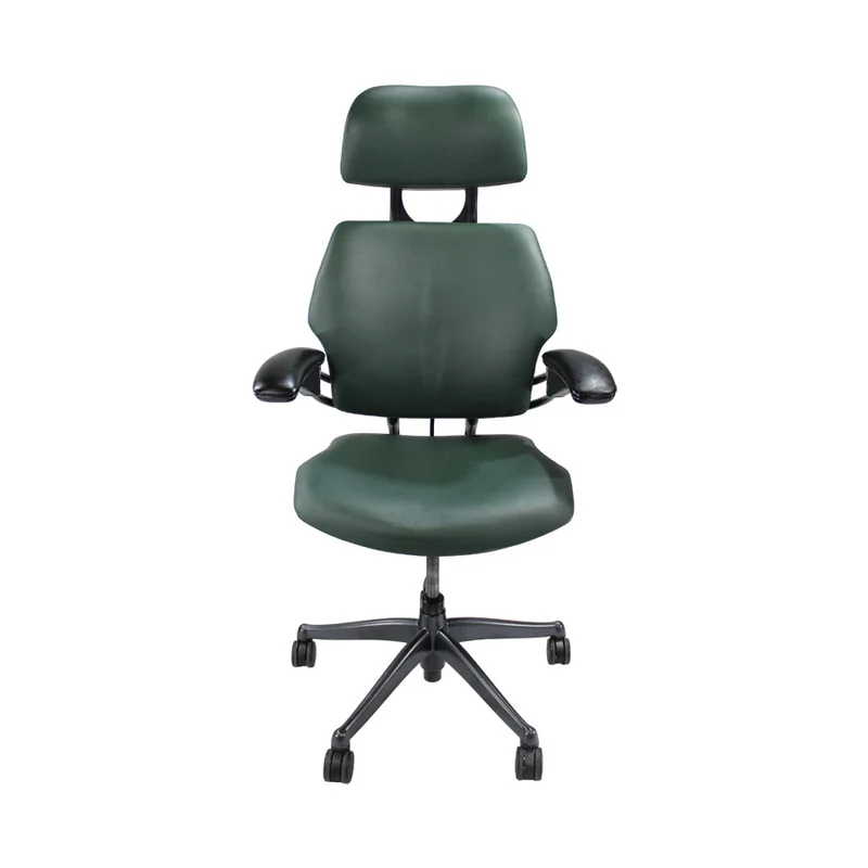 Humanscale : Freedom Sedia da ufficio con schienale alto e poggiatesta - Pelle verde - Ricondizionata