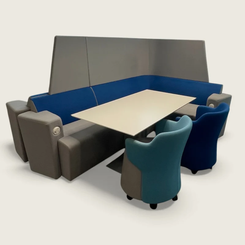 Orangebox: cabina per riunioni collaborative con schienale alto grigio e azzurro - Ristrutturata