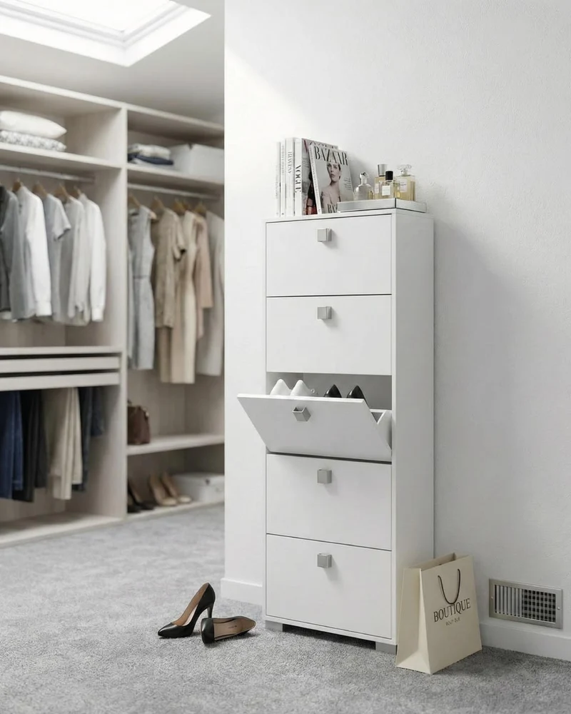 Scarpiera Ornella - 5 ante a ribalta – Mobile portascarpe compatto bianco - 65x185x18 cm - 15 paia