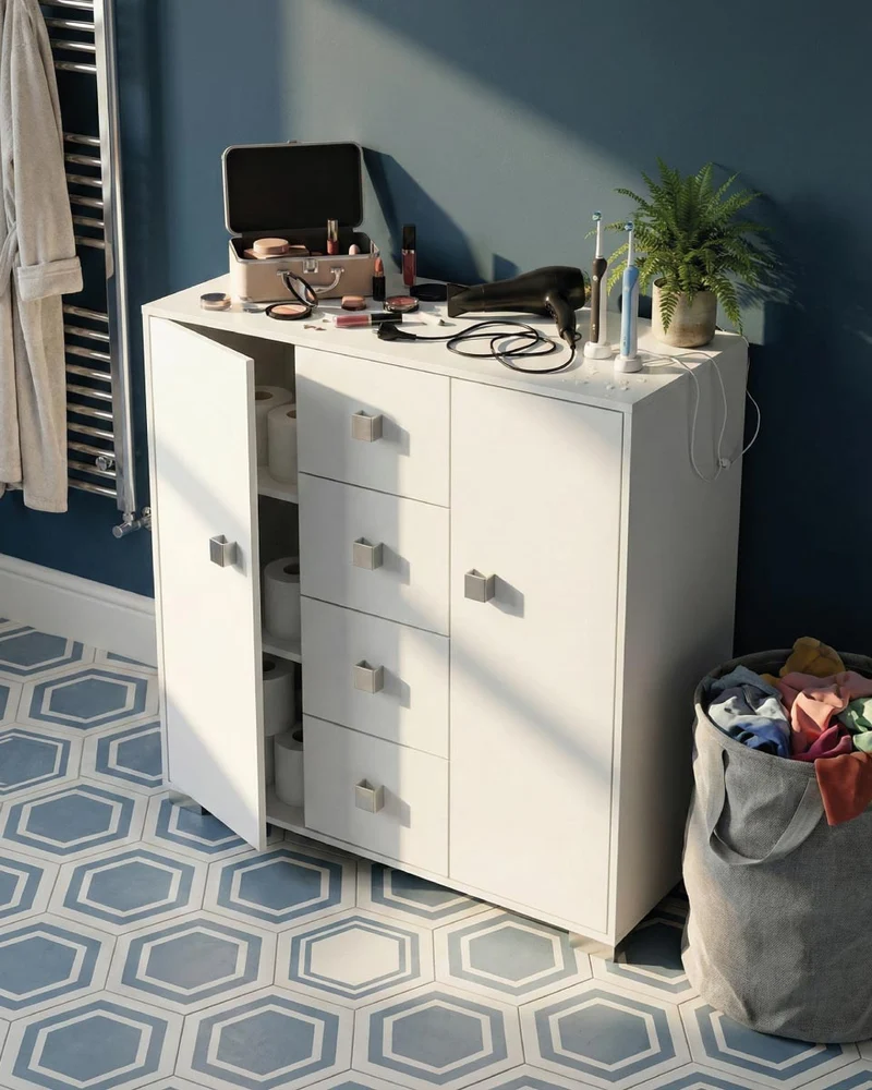 Mobile contenitore Nadia - Mobile multiuso 2 anta e 4 cassetti - Struttura bianca - 4 ripiani regolabile incluso - 117,5x111x47 cm