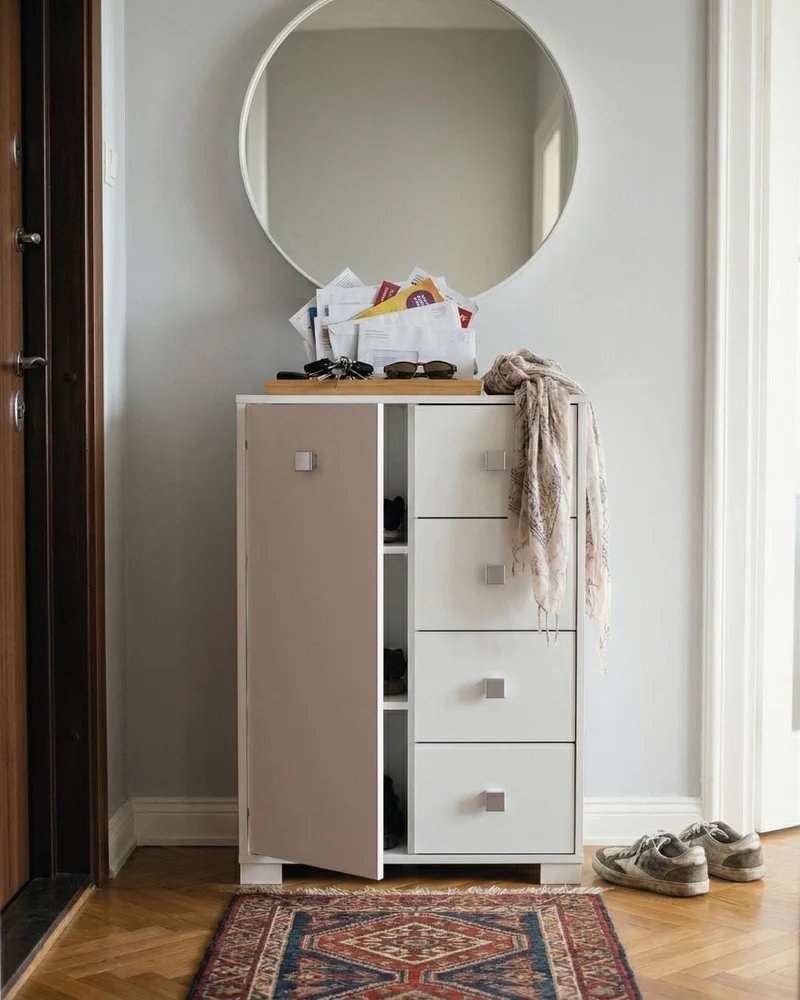 Mobile contenitore Fiore - Mobile multiuso 1 anta e 4 cassetti - Struttura bianco - 2 ripiani regolabile incluso - 81,5x111x47 cm