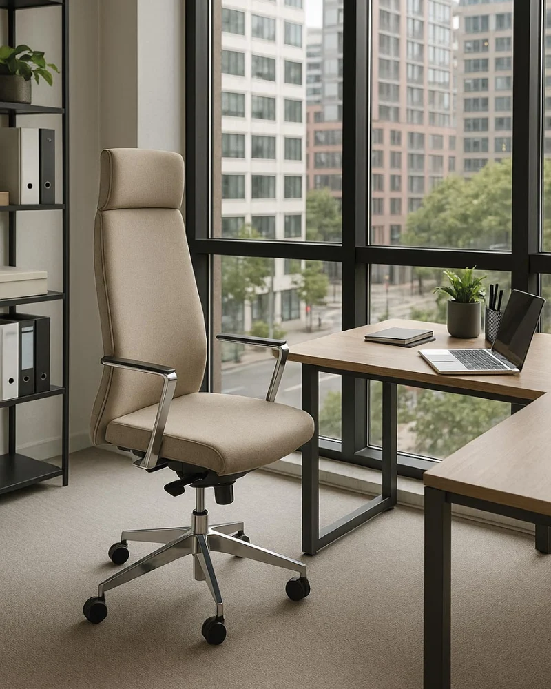Poltrona Althea - Sedia ufficio soft - Schienale alto ergonomico - Braccioli in alluminio - Rivestimento ecopelle - Base girevole con ruote antishock - Altezza regolabile
