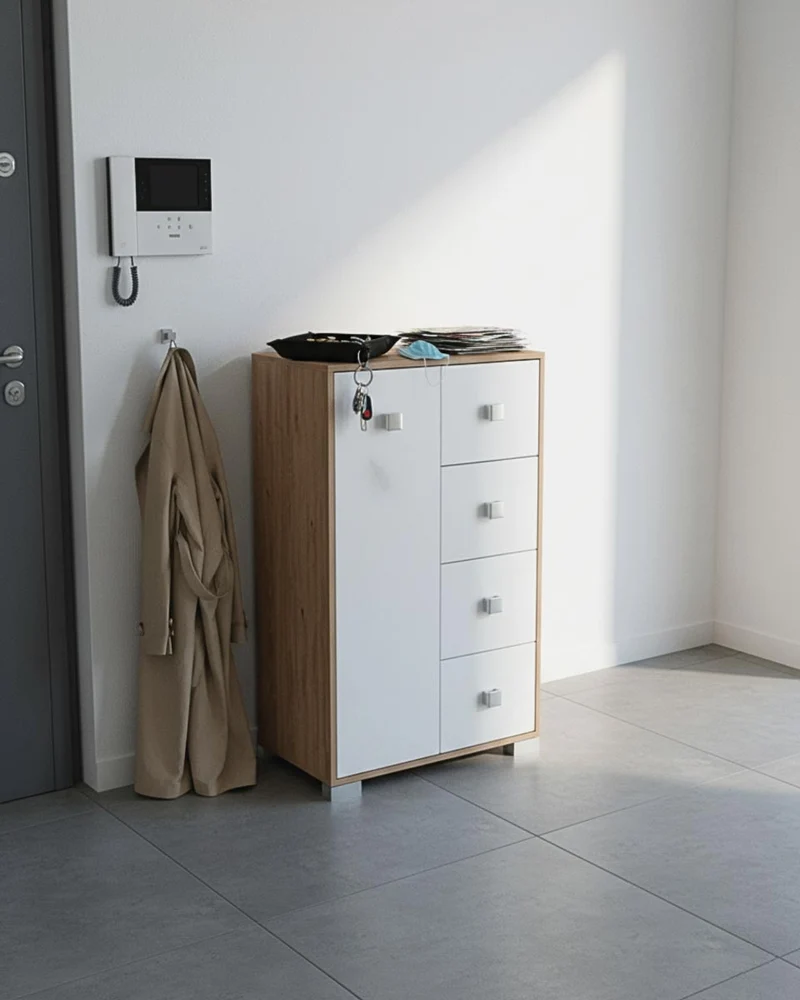 Mobile contenitore Fiore - Mobile multiuso 1 anta e 4 cassetti - Struttura virginia e anta bianca - 2 ripiani regolabile incluso - 81,5x111x47 cm