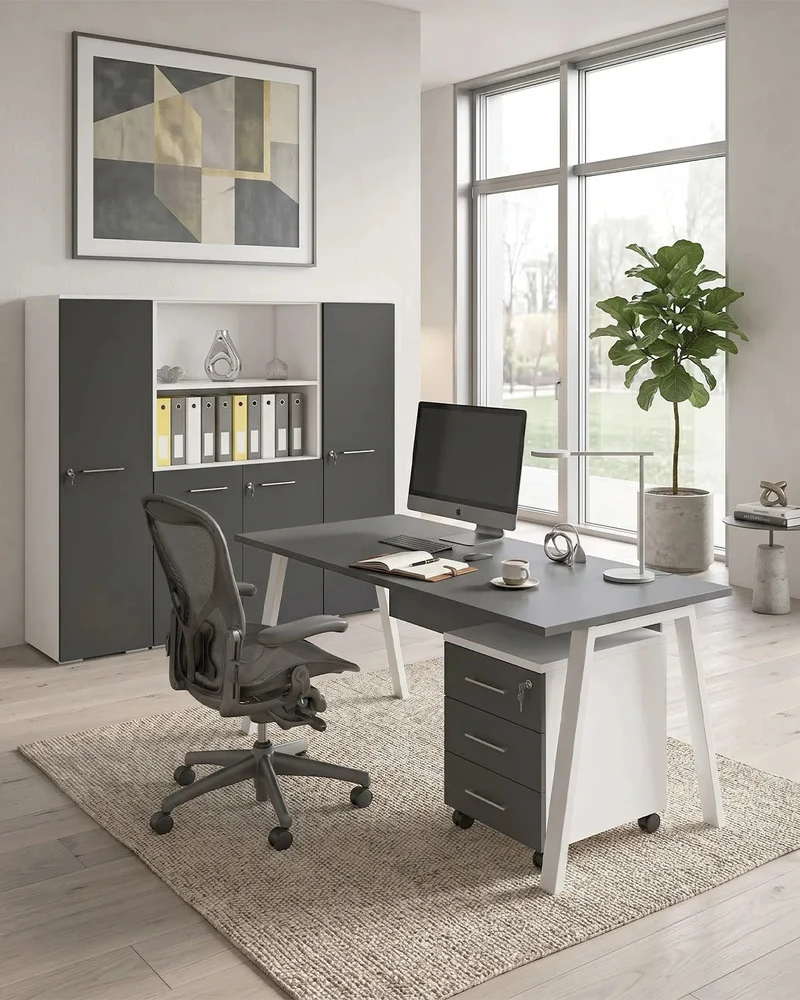 Ufficio Completo WORKLINE - Ufficio con Scrivania, Cassettiera e Mobile Contenitore – Antracite/Oliva – Set Arredo Ufficio Design Minimal