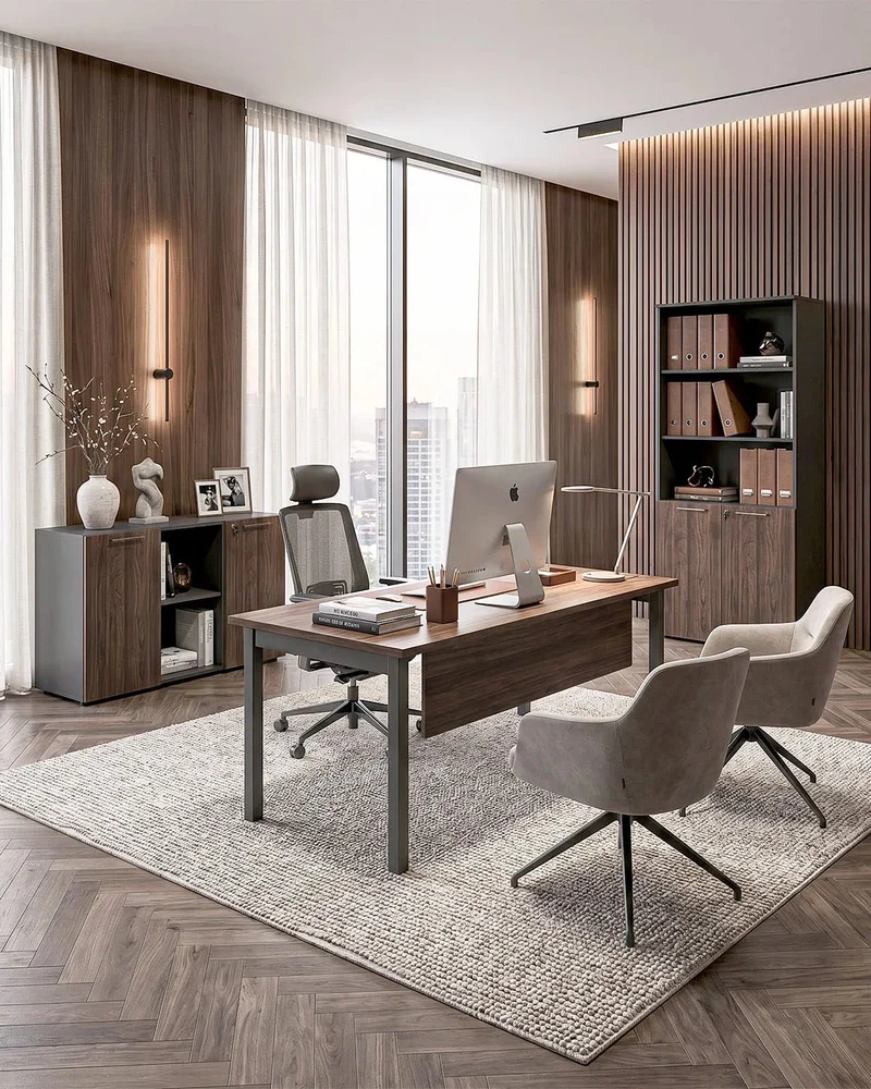 Ufficio Completo EXECUTIVE WOOD - Ufficio con Scrivania, Mobili Contenitore – Antracite/Noce – Set Arredo Ufficio Elegante