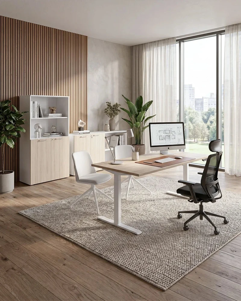 Ufficio Completo SCANDI - Ufficio con Scrivania, e Mobili Contenitore – Bianco/Olmo – Set Arredo Ufficio Design Minimal