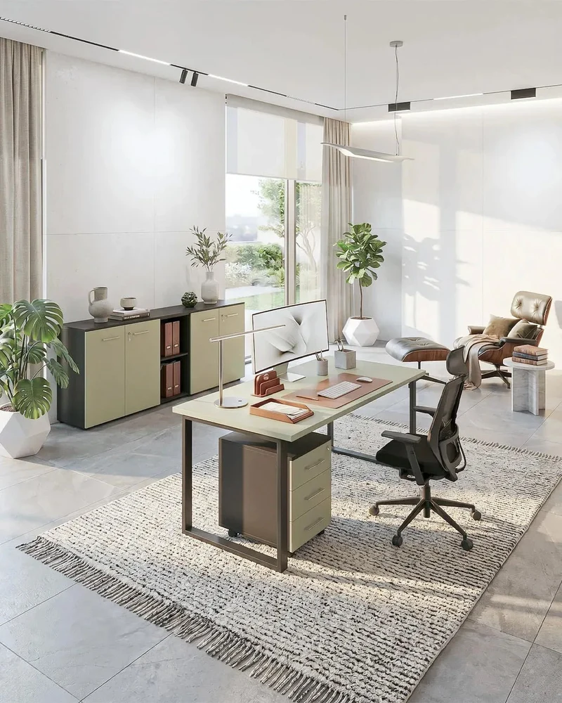 Ufficio Completo VERTA - Ufficio con Scrivania, Cassettiera e Mobile Contenitore – Antracite/Oliva – Set Arredo Ufficio Design Minimal
