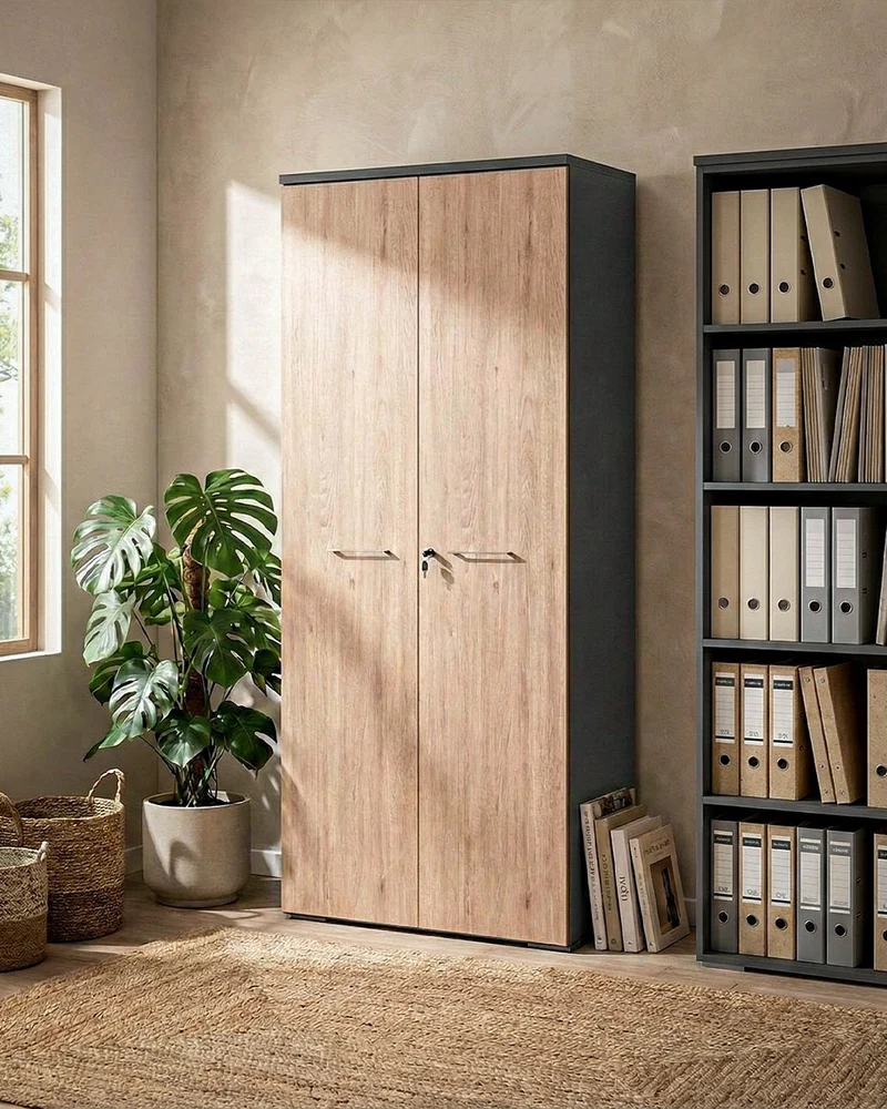 Armadio ufficio Nevada - Mobile archivio 2 ante con serratura - 4 mensola incluse - L. 90 x H. 199 x P. 42,5 cm – Antracite, ante personalizzabili