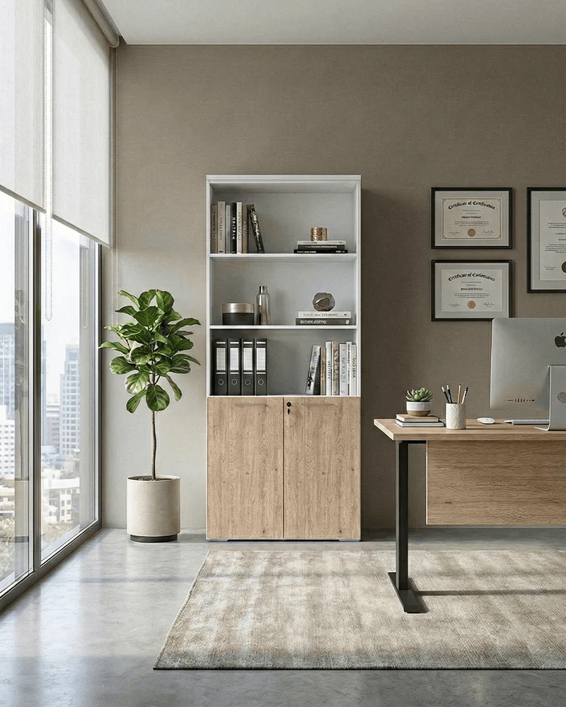 Armadio ufficio Alaska - Mobile archivio 2 ante con serratura - 4 mensole incluse - L. 90 x H. 199 x P. 42,5 cm – Bianco, ante personalizzabili