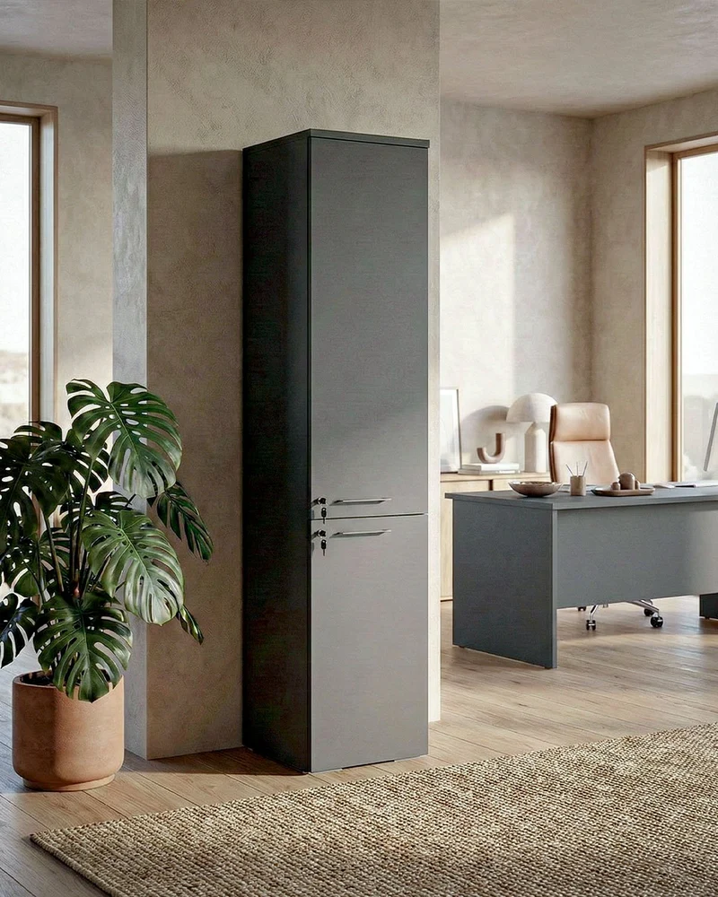 Armadio ufficio Dallas - Mobile archivio 2 ante con serratura - 4 mensole incluse - L. 45 x H. 199 x P. 42,5 cm – Antracite, ante personalizzabili