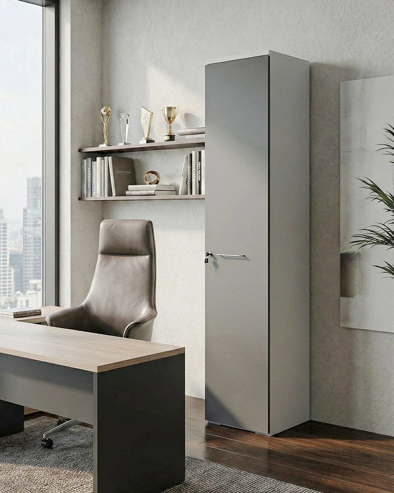 Armadio ufficio Boston - Mobile archivio 1 anta con serratura - 4 mensole incluse - L. 45 x H. 199 x P. 42,5 cm – Bianco, ante personalizzabili