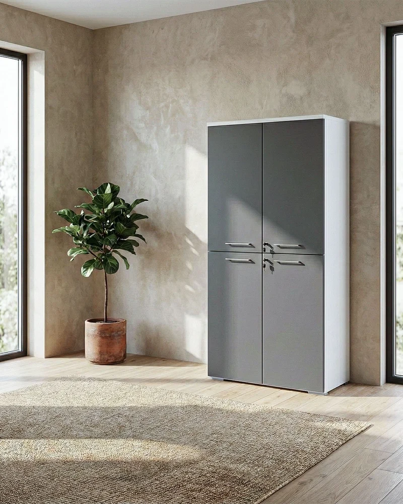 Armadio ufficio Oregon - Mobile archivio 4 ante con serratura - 3 mensole incluse - L. 90 x H. 160 x P. 42,5 cm – Bianco, ante personalizzabili