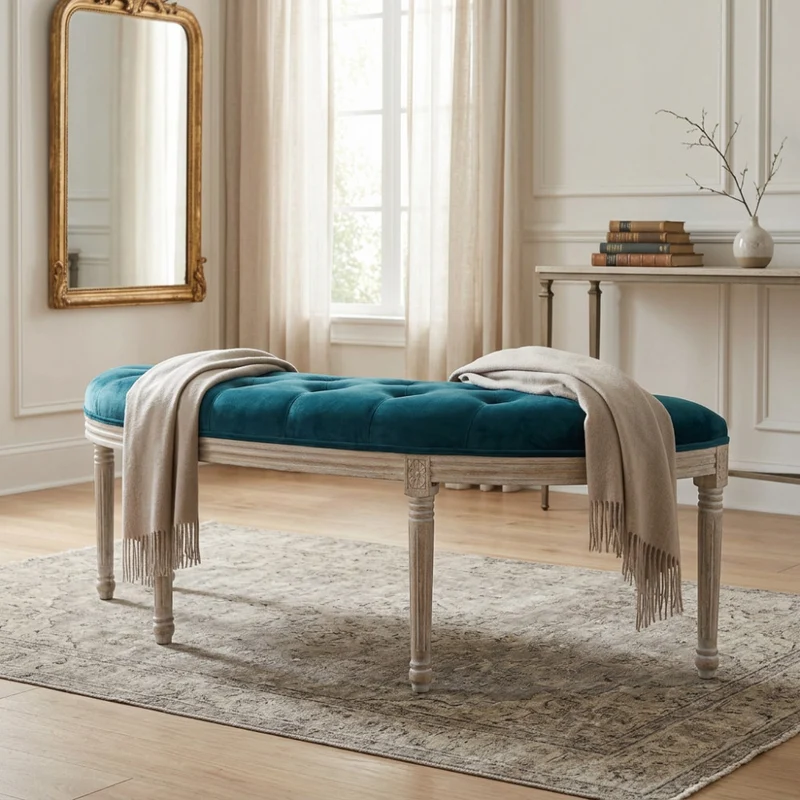 Panca Margi in Velluto Blu e Legno Intagliato