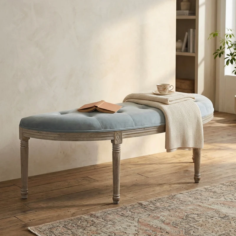 Panca Margi in Velluto Grigio e Legno Intagliato