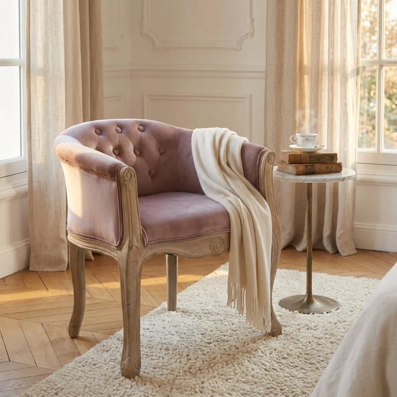 Poltrona Coreen in Velluto Rosa con Struttura in Legno