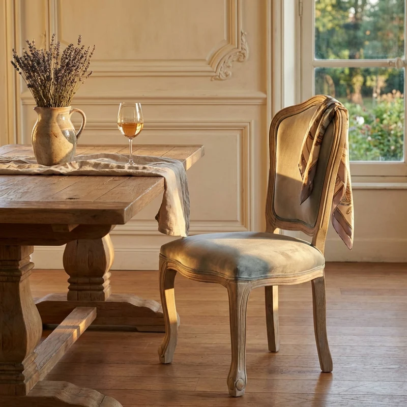 Sedia Charlene in Velluto Grigio e Legno Intagliato