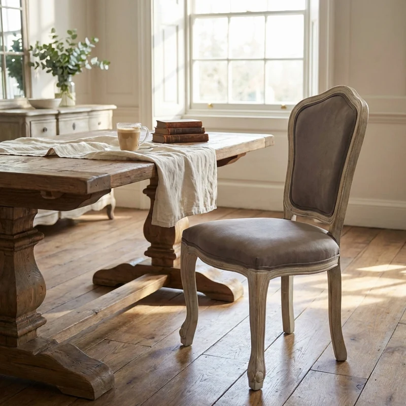 Sedia Charlene in Velluto Taupe e Legno Intagliato