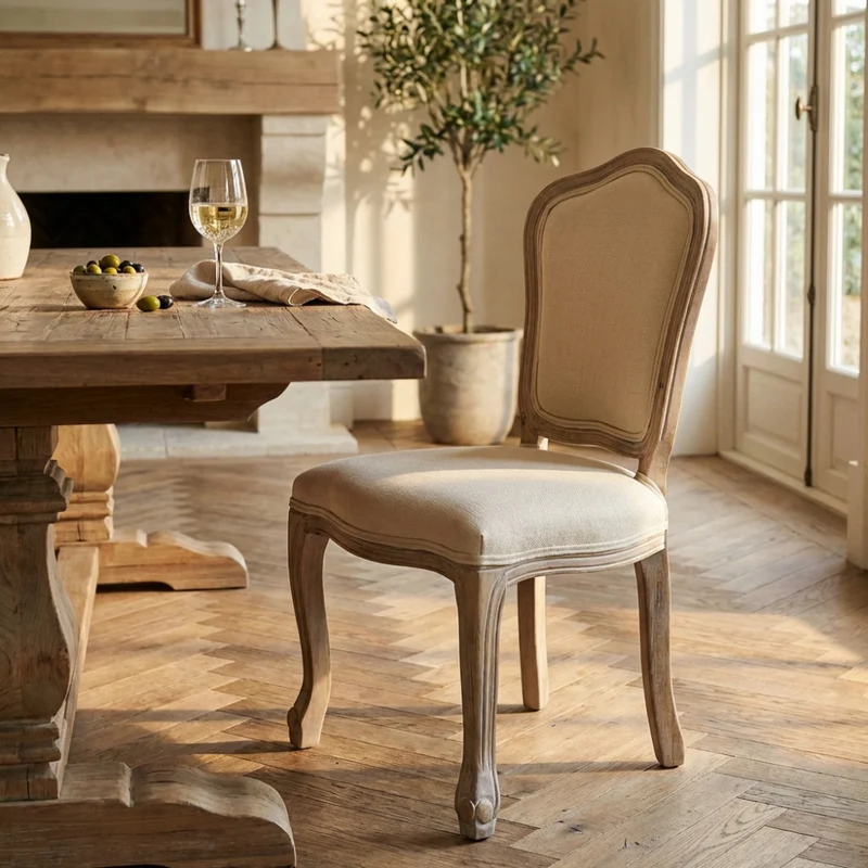 Sedia Charlene in Legno Intagliato e Tessuto Beige