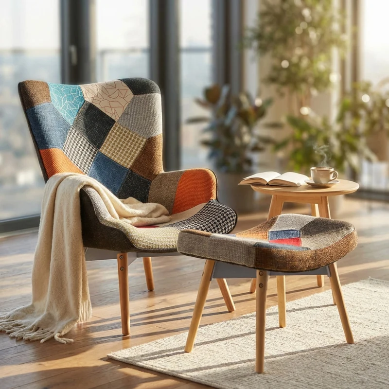 Poltrona Versailles in Tessuto Patchwork con Poggiapiedi