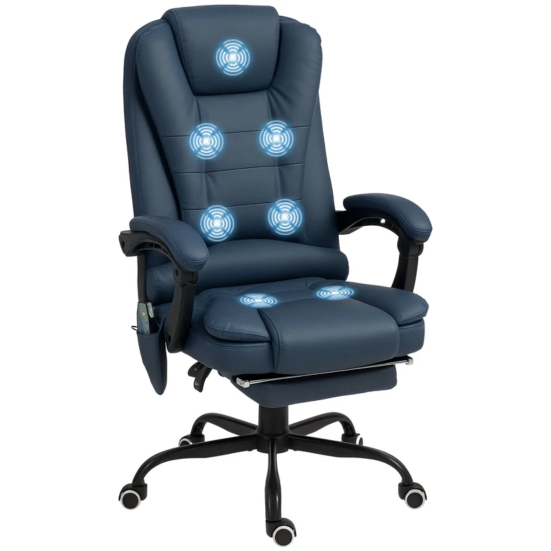 EasyComfort Poltrona da Ufficio con 7 Punti Massaggianti e Poggiapiedi, in Pelle PU e Acciaio, 67x67x111-121 cm, Blu