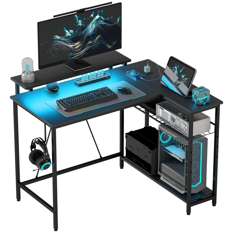 EasyComfort Scrivania Angolare Reversibile con LED, Prese di Corrente e Prese USB, Ripiani e Supporto Monitor, Nero