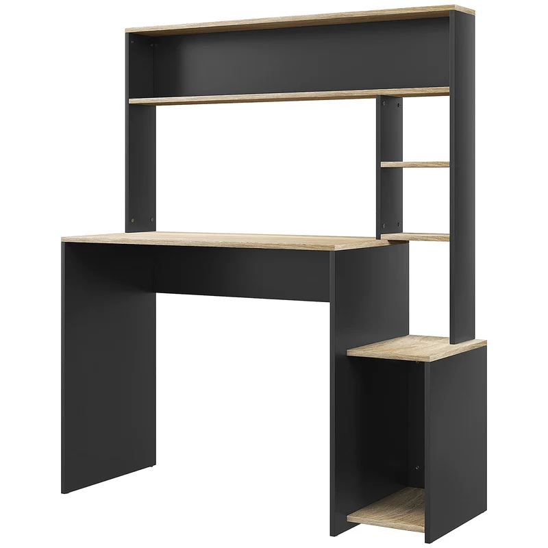 EasyComfort Scrivania Moderna con Ripiani e Supporto per CPU in Legno, 114x45x138cm, Grigio e Legno Naturale