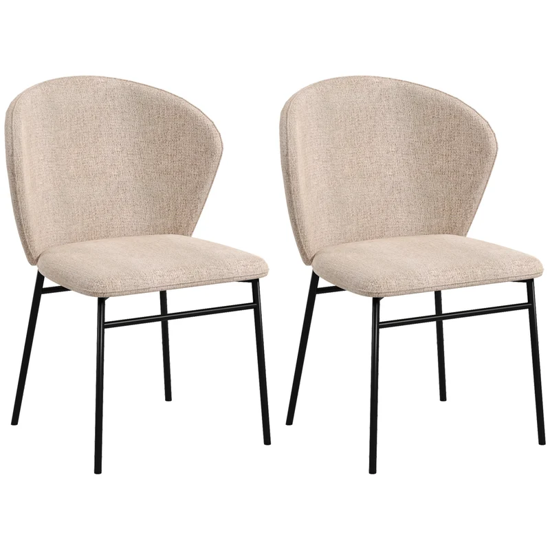 Set 2 Sedie Sala da Pranzo Seduta Imbottita Schienale Curvo in Acciaio e Tessuto Effetto Lino Marrone Chiaro