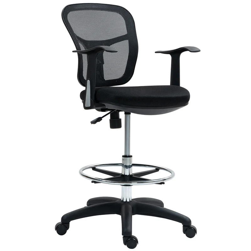 EasyComfort Sedia Girevole con Anello Poggiapiedi e Schienale Ricurvo, in Poliestere, Schiuma e Plastica, 55x58x94 cm, Nero