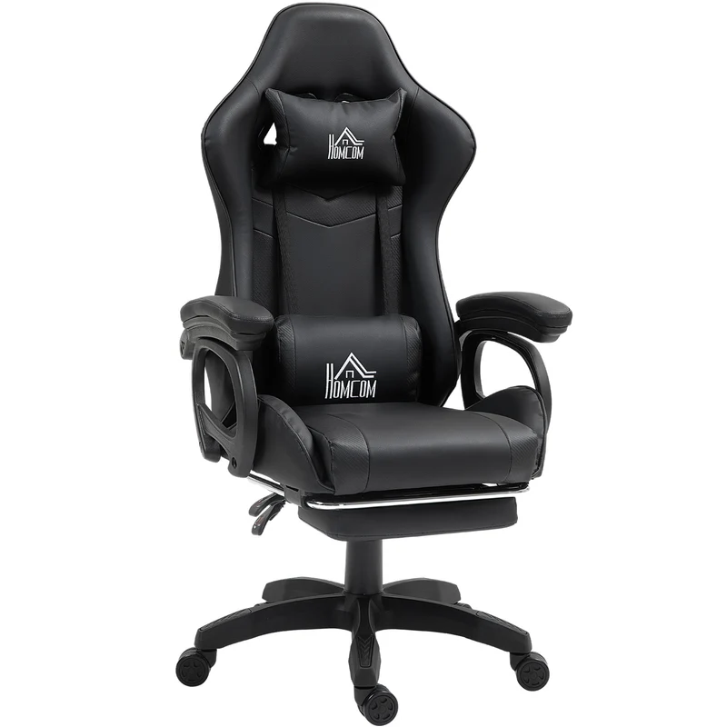 EasyComfort Sedia da Gaming Reclinabile a 125° e Massaggiante in Finta Pelle con Poggiapiedi, 65x68x120-128 cm, Nero