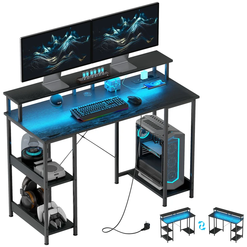 EasyComfort Scrivania per PC Reversibile con Prese Elettriche, Luci, Supporto Monitor e Scaffale, 120x50cm, Nero