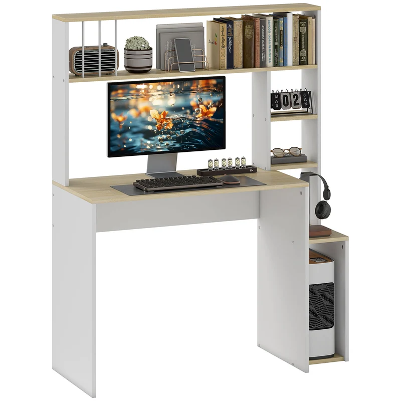 EasyComfort Scrivania Moderna per PC con Libreria, Scaffale e Porta CPU, 113x45x138.5 cm, Rovere