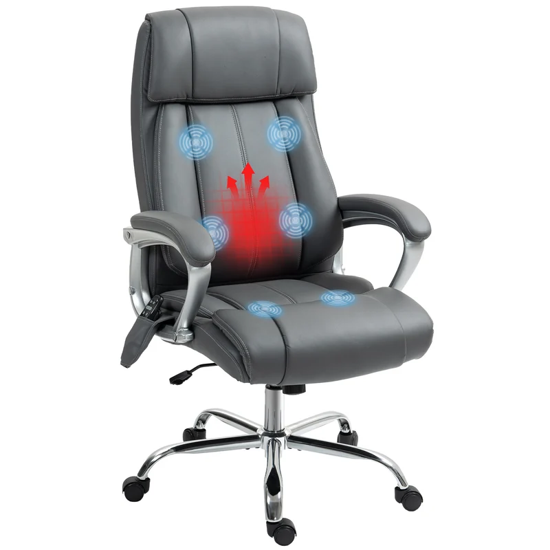 EasyComfort Sedia da Ufficio Massaggiante a 6 Punti e Inclinabile, in pelle PU e Acciaio, 66x72x113-121 cm, Grigio Carbone