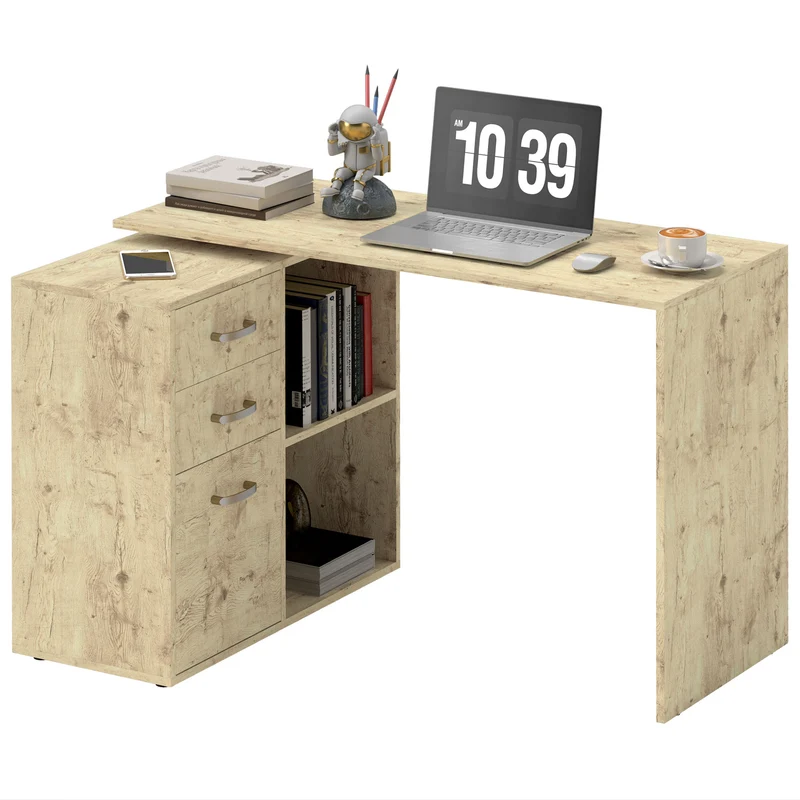 EasyComfort Scrivania Angolare per PC con 3 Cassetti e Ripiani Aperti, in Legno e Metallo, 117x83.5x76 cm, Noce