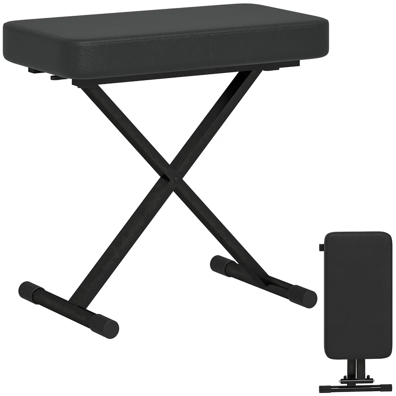 EasyComfort Sgabello per Pianoforte Pieghevole e Regolabile su 4 Altezze, in Pelle PU, Schiuma e Metallo, 60x32x53-63 cm, Nero