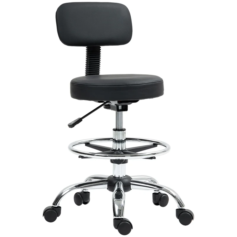 EasyComfort Sedia Girevole ad Altezza Regolabile con Poggiapiedi, in Acciaio, Finta Pelle e Gommapiuma, 52x52x78-92 cm, Nero