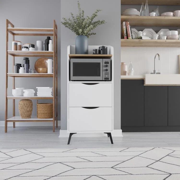 Mobile Multiuso 60x36x136 cm con 2 Cassetti e 1 Ripiano in Melamina Bianco Effetto Legno