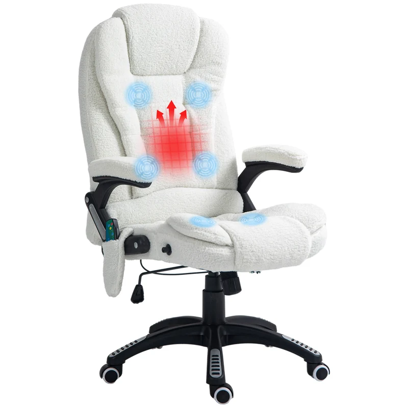 EasyComfort Sedia da Ufficio Massaggiante e Regolabile con Telecomando, in Tessuto Teddy, 67x74x107-116 cm, Bianco