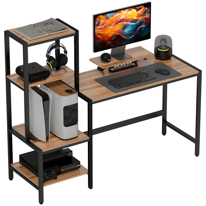 EasyComfort Scrivania per Camera con Scaffale a 4 Ripiani e Supporto per Monitor, 150x48x125cm, Marrone