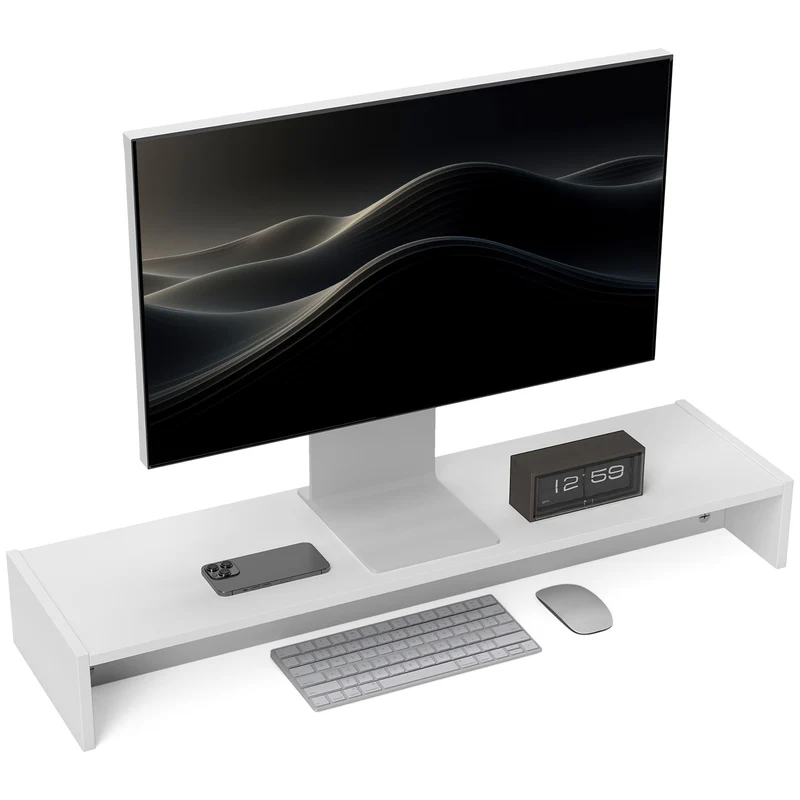 EasyComfort Supporto per Monitor con 2 Vani Contenitore in Legno, 100x27x15 cm, Bianco