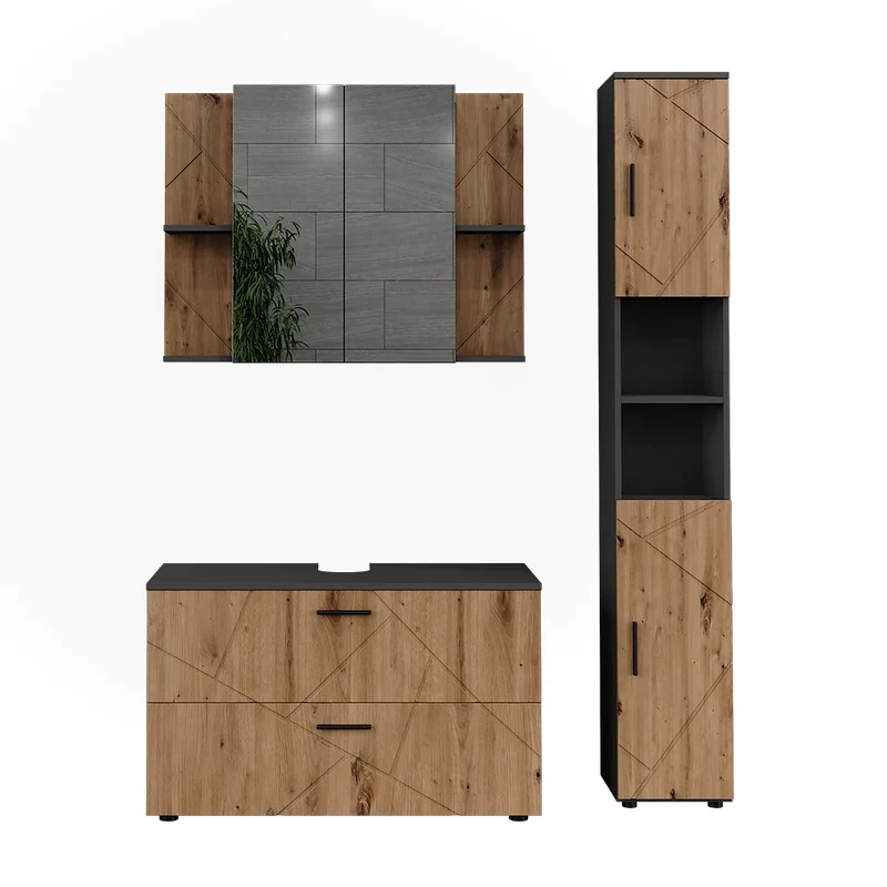 Set di mobili da bagno Irma Antracite/Rovere dorato 3 pezzi Vicco